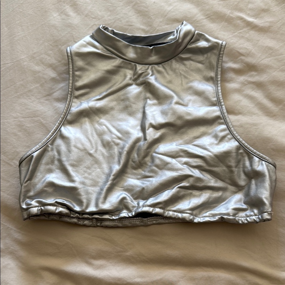 SHEIN Silver Sleeveless Crop Tank Top with Mandarin Collar